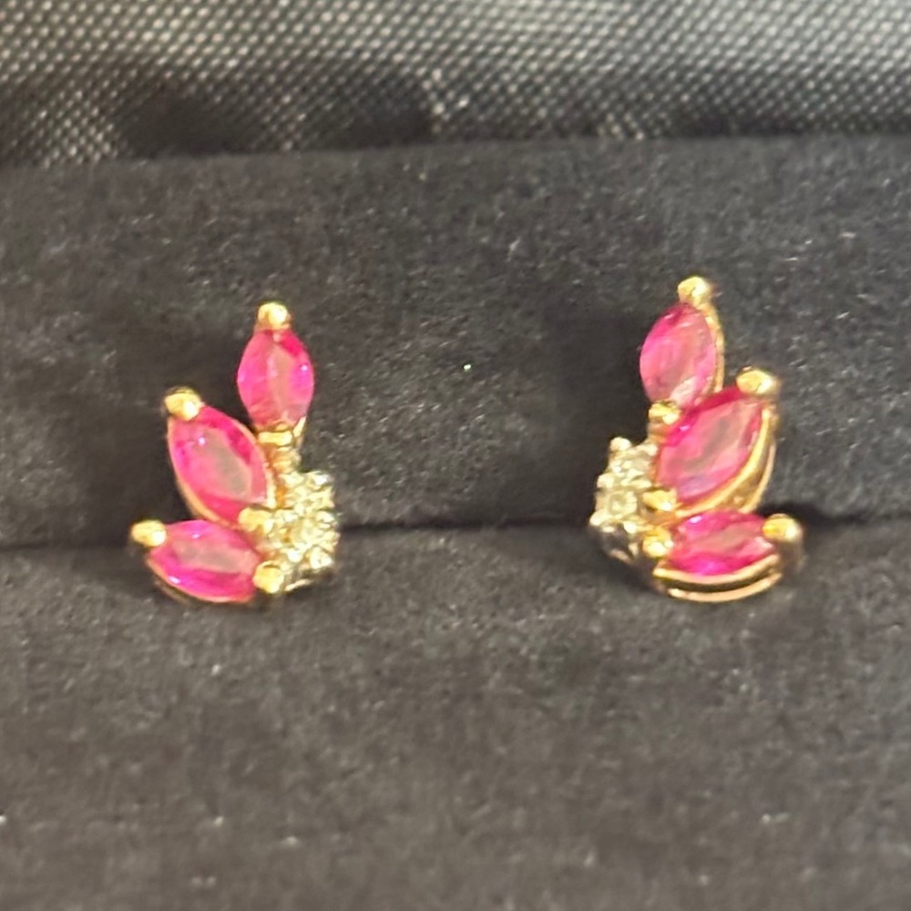 Genuine Vintage '80s 14K Gold Ruby Diamond Marquise Wing Cluster Stud Earrings